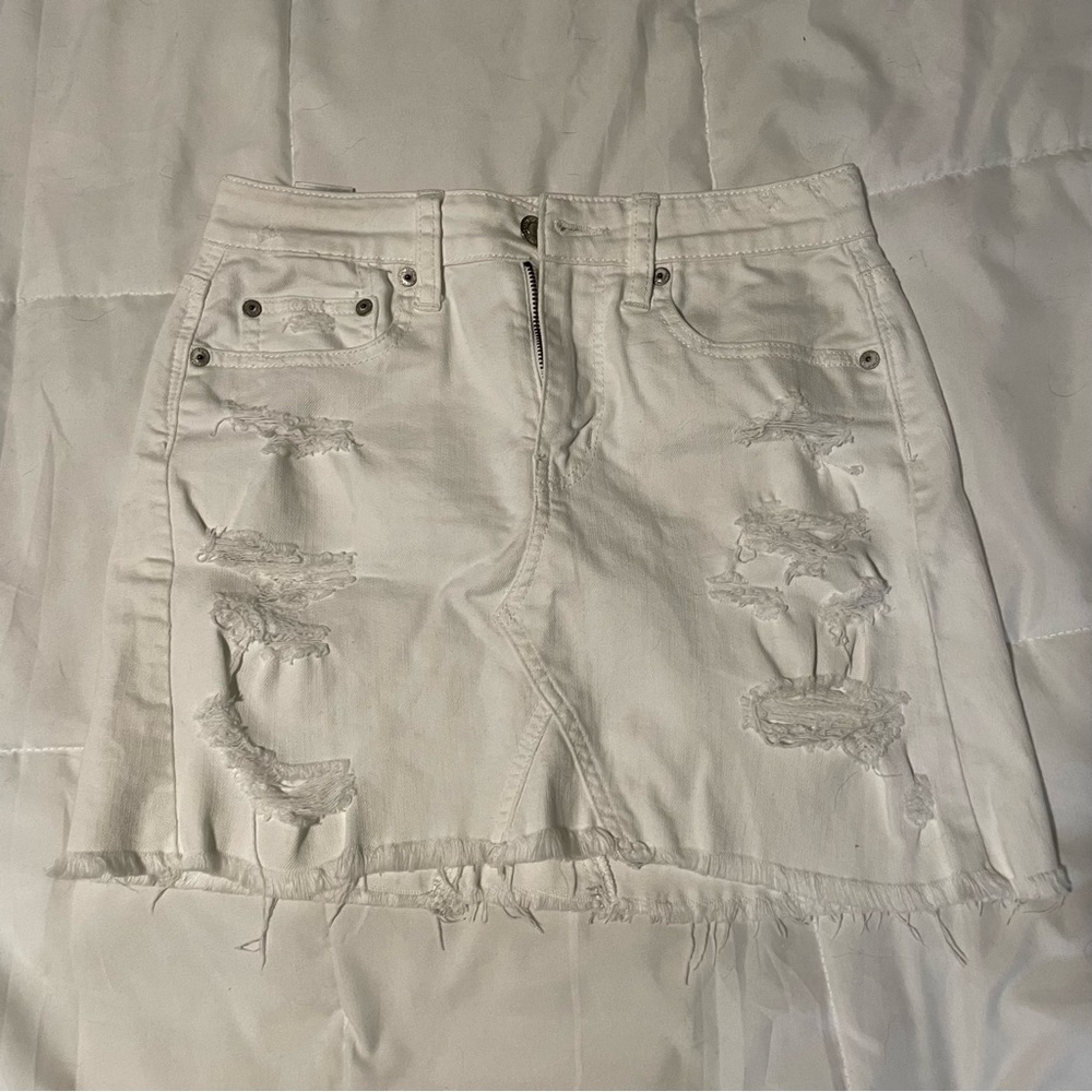 American Eagle White denim distressed skirt